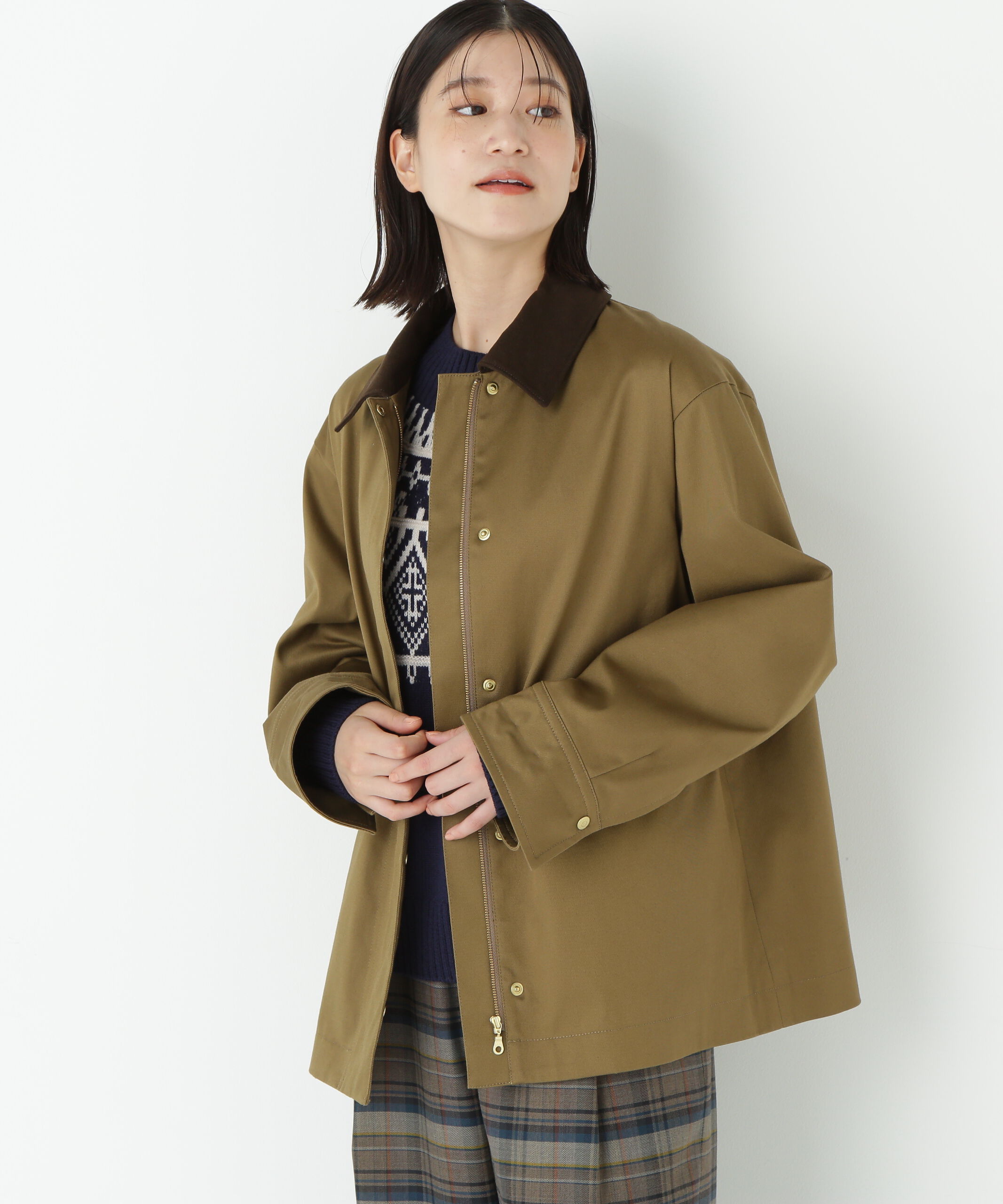  「◆コットンツイルストレッチブルゾン」|ブルゾン・スタジャン|ベージュ&times;ブラ