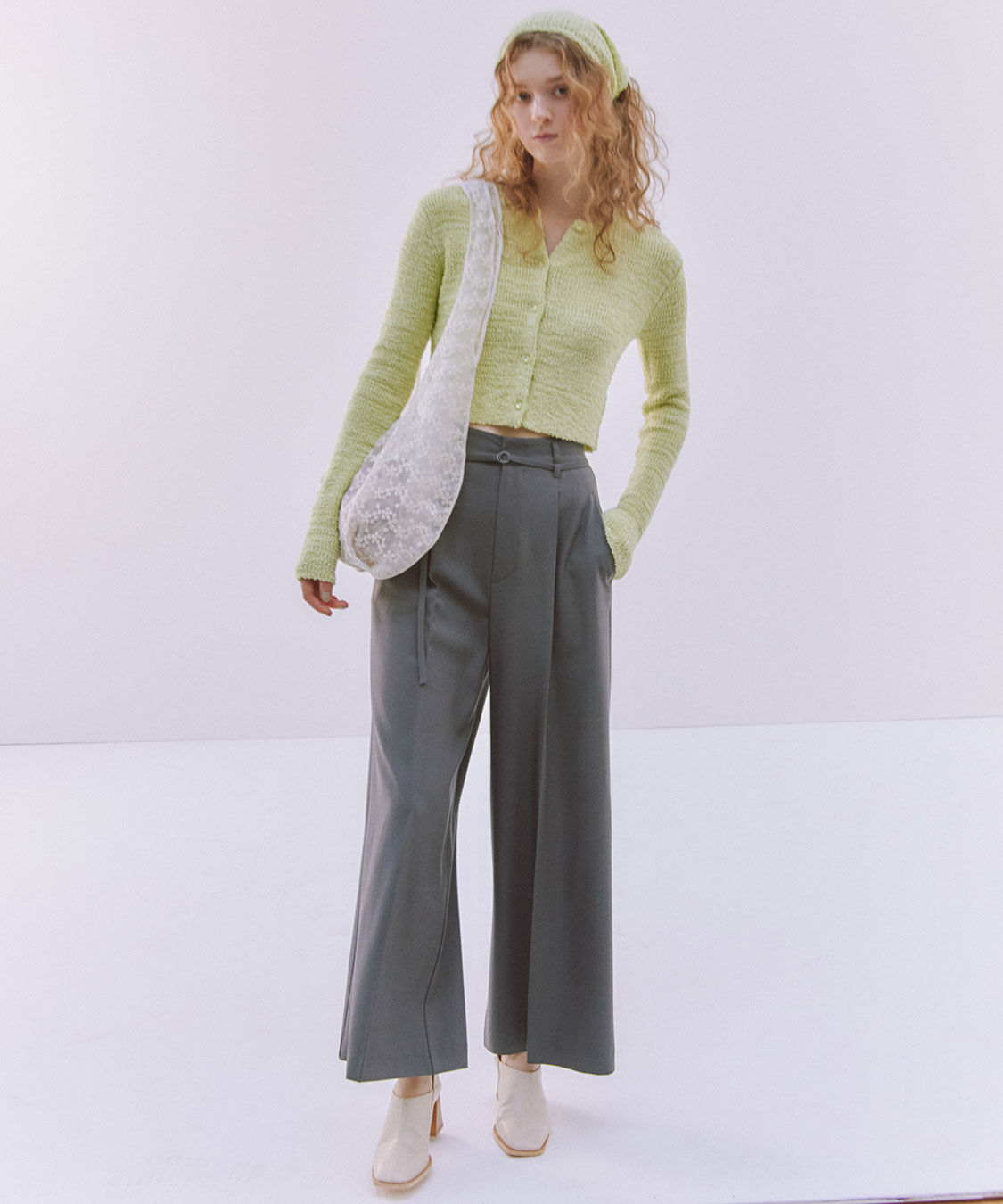 COCO DEAL「細ベルト付きタックワイドパンツ」|スラックス|チャコール