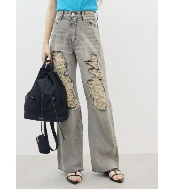 EVRIS「ハイダメージセミワイドデニムパンツ」|デニム|ブラック