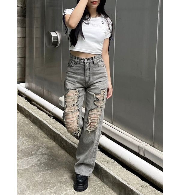 EVRIS「ハイダメージセミワイドデニムパンツ」|デニム|