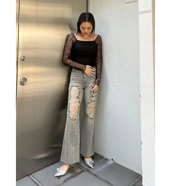 EVRIS「ハイダメージセミワイドデニムパンツ」|デニム|