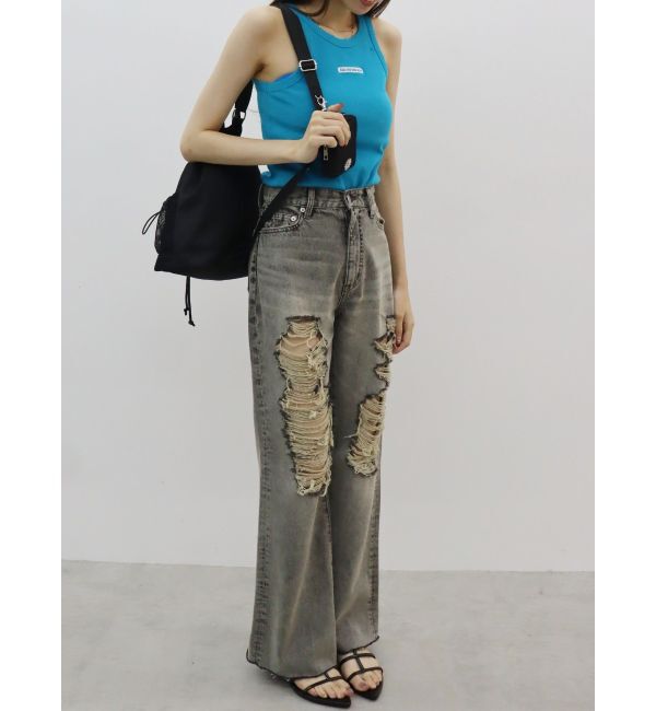 EVRIS「ハイダメージセミワイドデニムパンツ」|デニム|