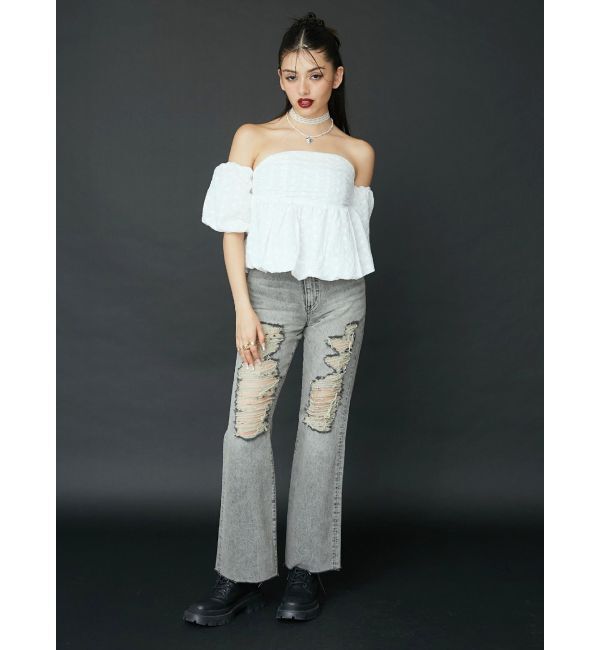 EVRIS「ハイダメージセミワイドデニムパンツ」|デニム|