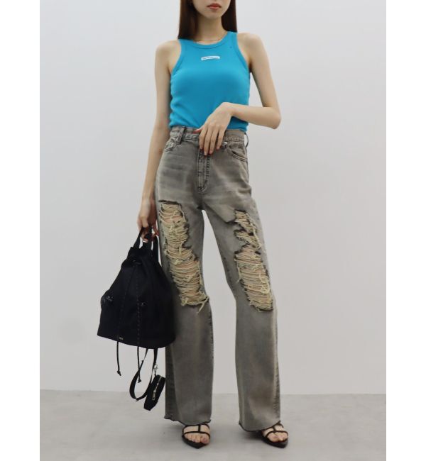 EVRIS「ハイダメージセミワイドデニムパンツ」|デニム|