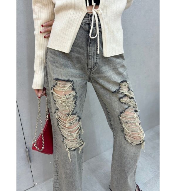 EVRIS「ハイダメージセミワイドデニムパンツ」|デニム|