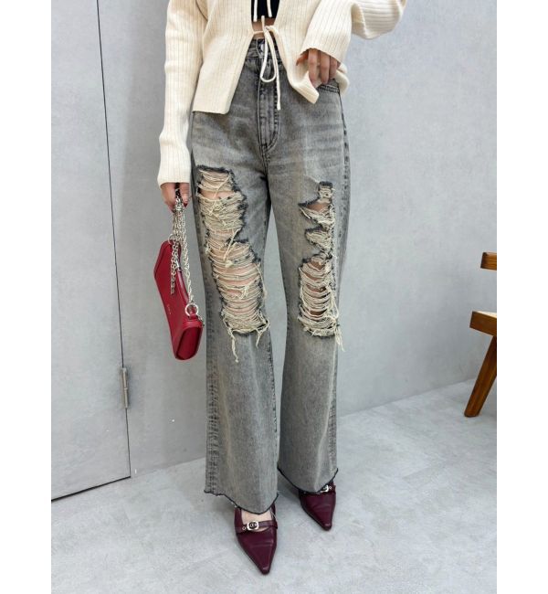 EVRIS「ハイダメージセミワイドデニムパンツ」|デニム|