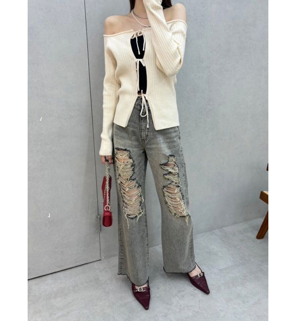 EVRIS「ハイダメージセミワイドデニムパンツ」|デニム|