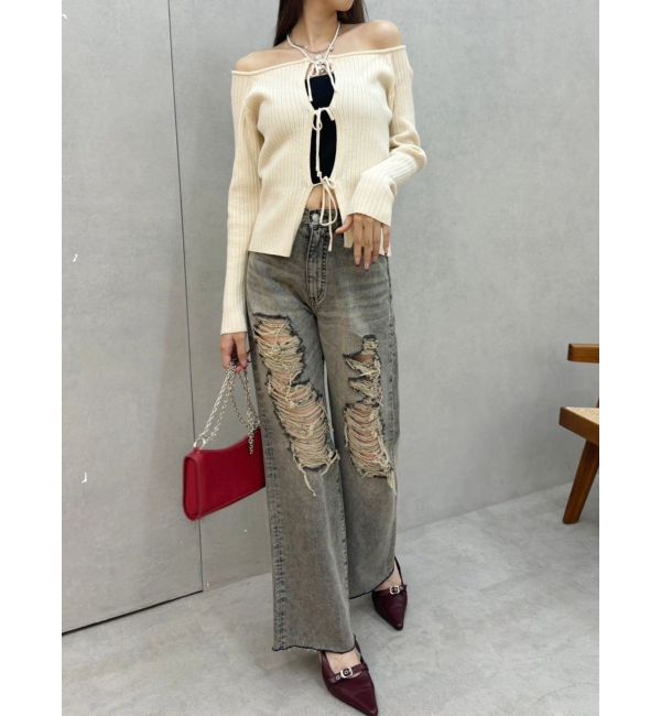 EVRIS「ハイダメージセミワイドデニムパンツ」|デニム|