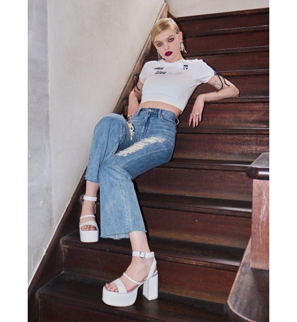 EVRIS「ハイダメージセミワイドデニムパンツ」|デニム|