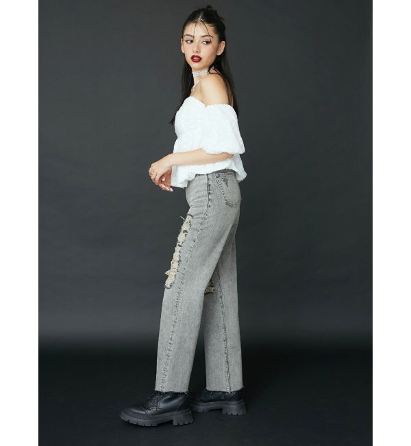 EVRIS「ハイダメージセミワイドデニムパンツ」|デニム|