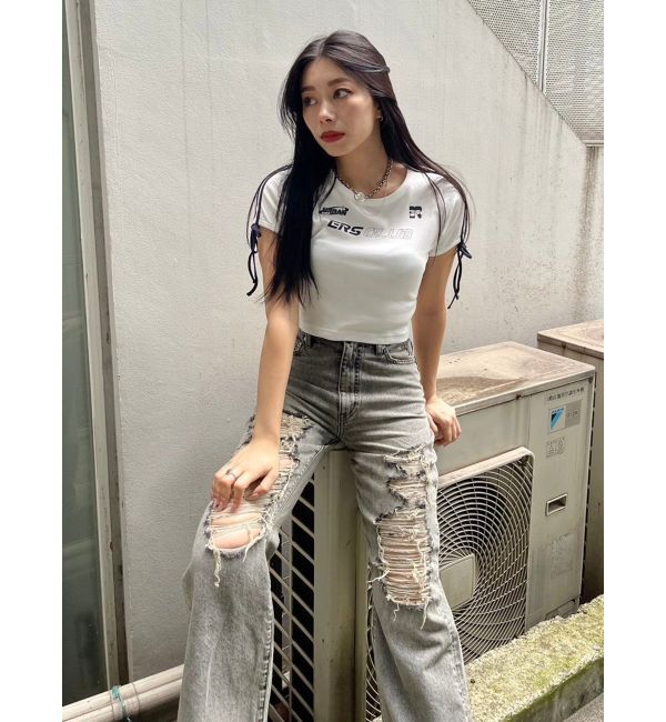 EVRIS「ハイダメージセミワイドデニムパンツ」|デニム|