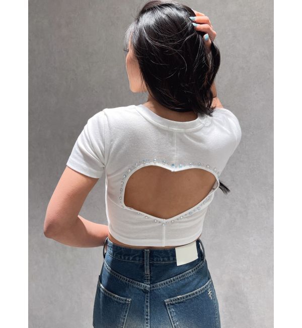 GYDA「BACK OPEN bijou heartトップス」|Tシャツ・カットソー|オフホワイト