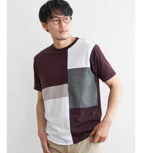 ikka「ブロックスグレンチェックキリカエＴ」|Tシャツ・カットソー|ワイン