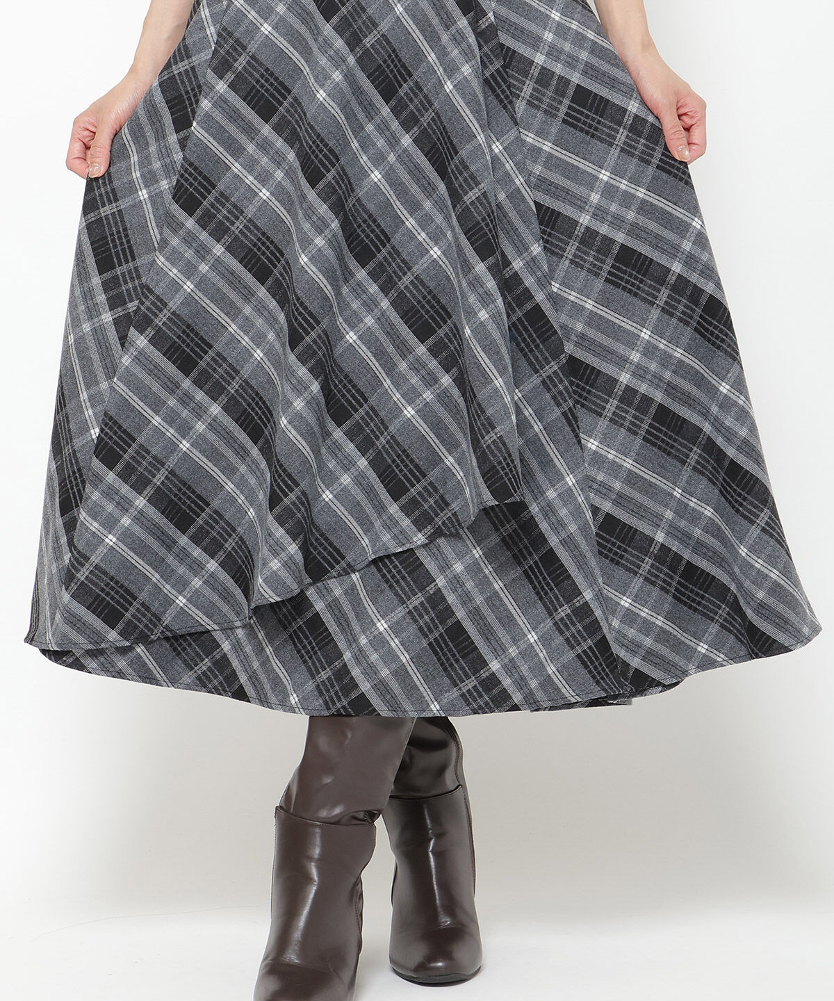 アンドクチュール「サイドリブチェックアシメスカート」|フレア|