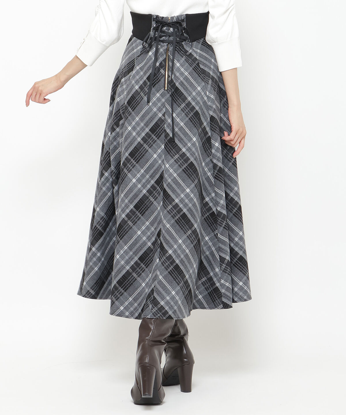 アンドクチュール「サイドリブチェックアシメスカート」|フレア|