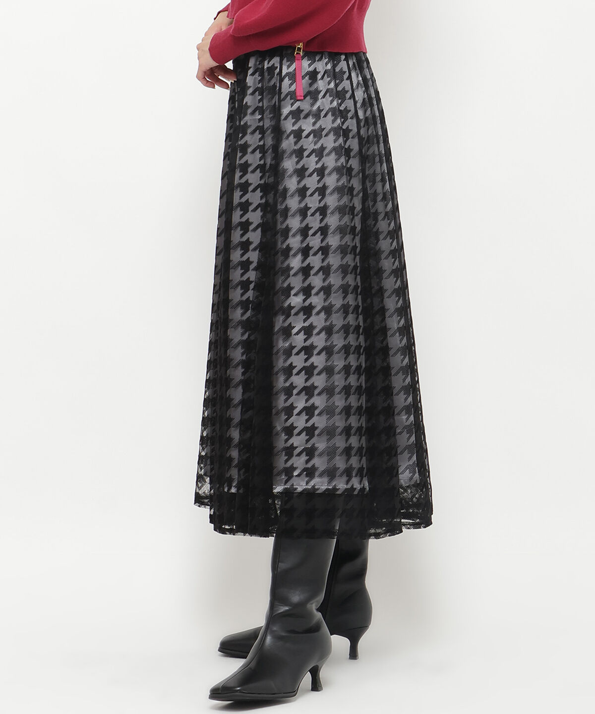 アンドクチュール「ウエストリブチュール千鳥フロッキーロングスカート」|フレア|
