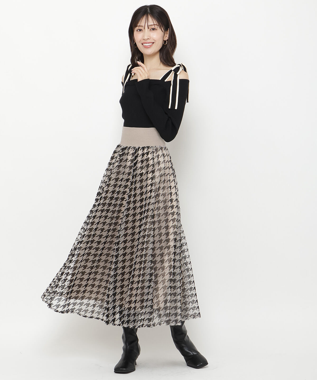 アンドクチュール「ウエストリブチュール千鳥フロッキーロングスカート」|フレア|