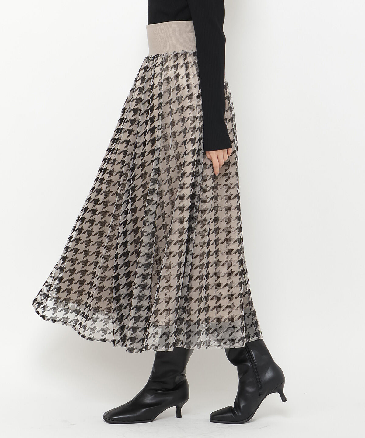 アンドクチュール「ウエストリブチュール千鳥フロッキーロングスカート」|フレア|
