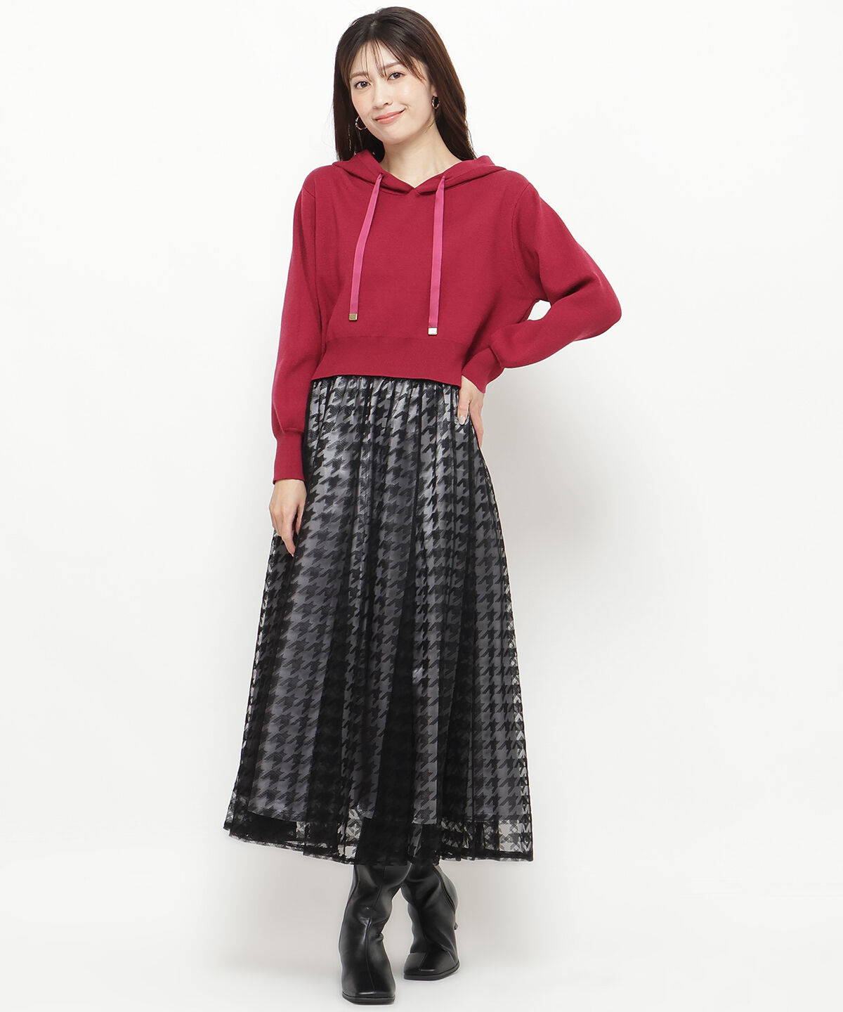 アンドクチュール「ウエストリブチュール千鳥フロッキーロングスカート」|フレア|