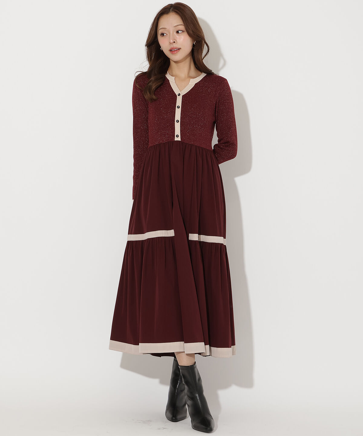 アンドクチュール「ラメ入り配色ドッキングワンピース」|ワンピース|ボルドー