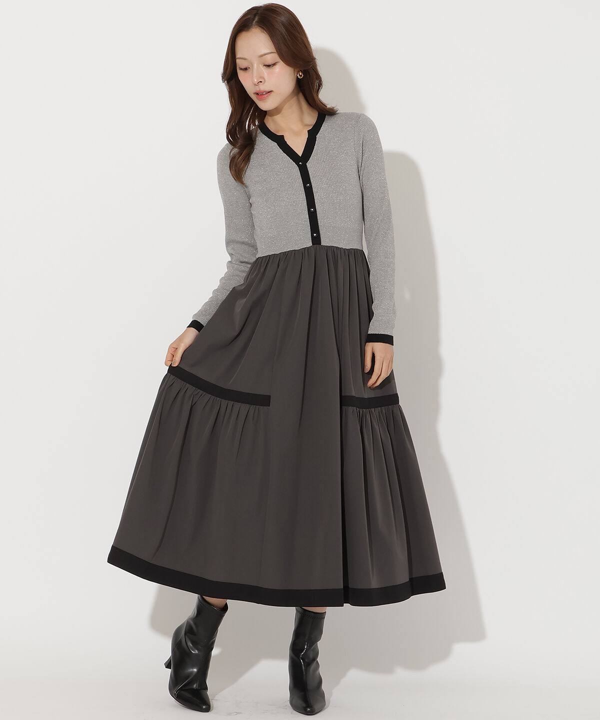 アンドクチュール「ラメ入り配色ドッキングワンピース」|ワンピース|ライトグレー