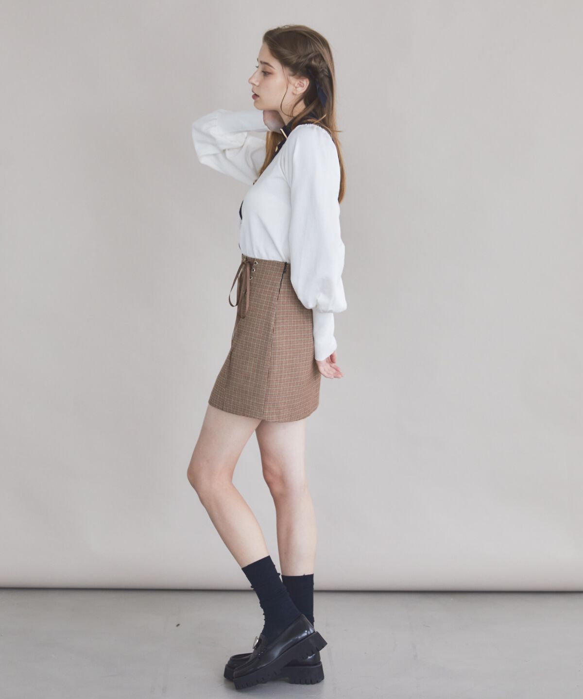 REDYAZEL「リボンレースアップミニスカート」|タイト|