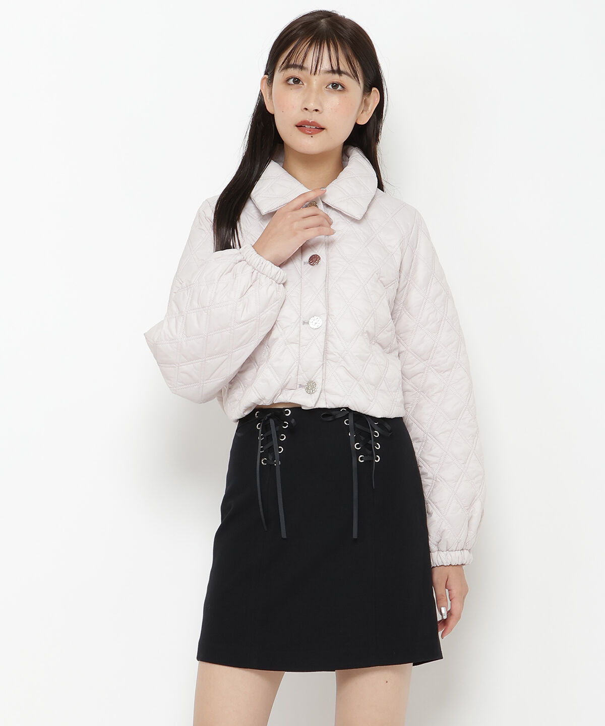 REDYAZEL「リボンレースアップミニスカート」|タイト|ブラック