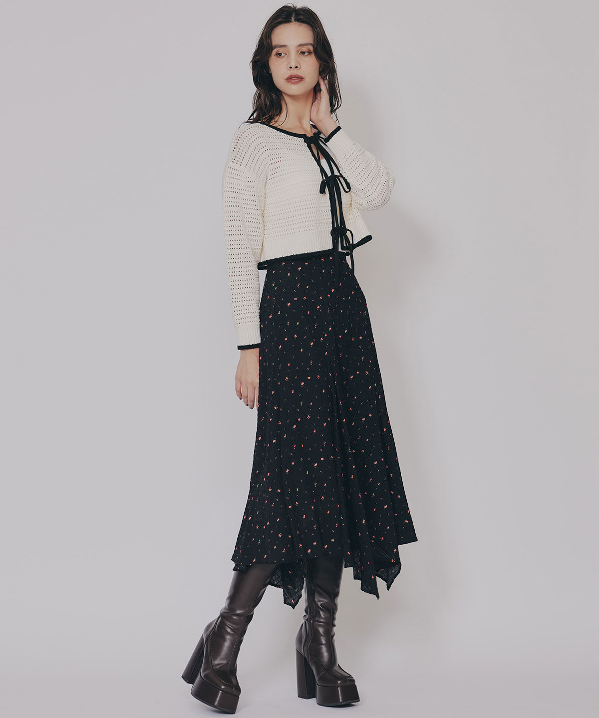 REDYAZEL「ミニフラワーイレヘムロングスカート」|フレア|