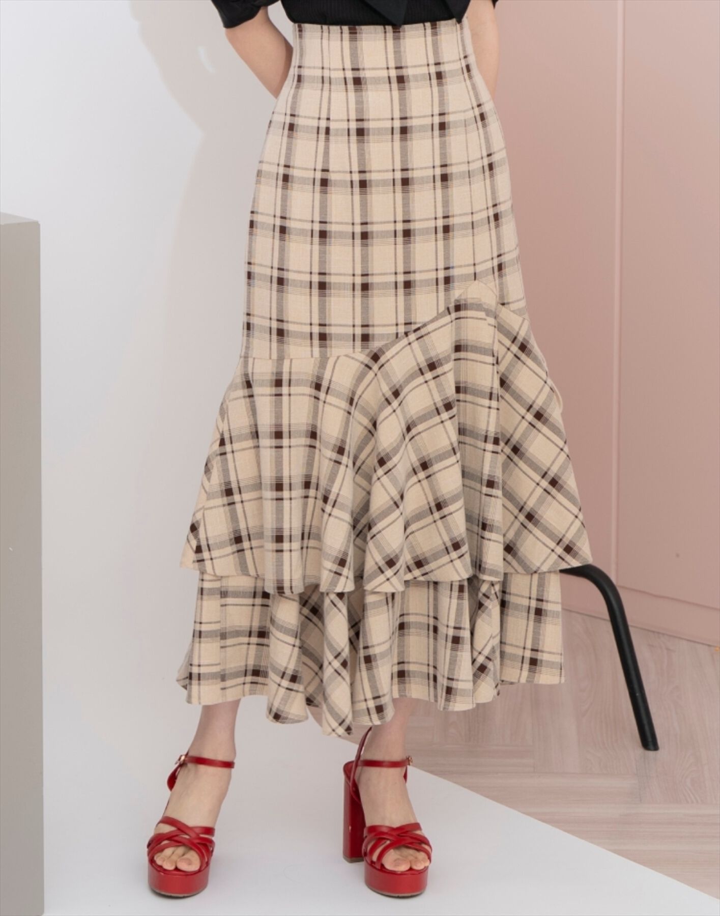 WILLSELECTION「ティアードヘムマーメイドスカート」|タイト|茶系チェック
