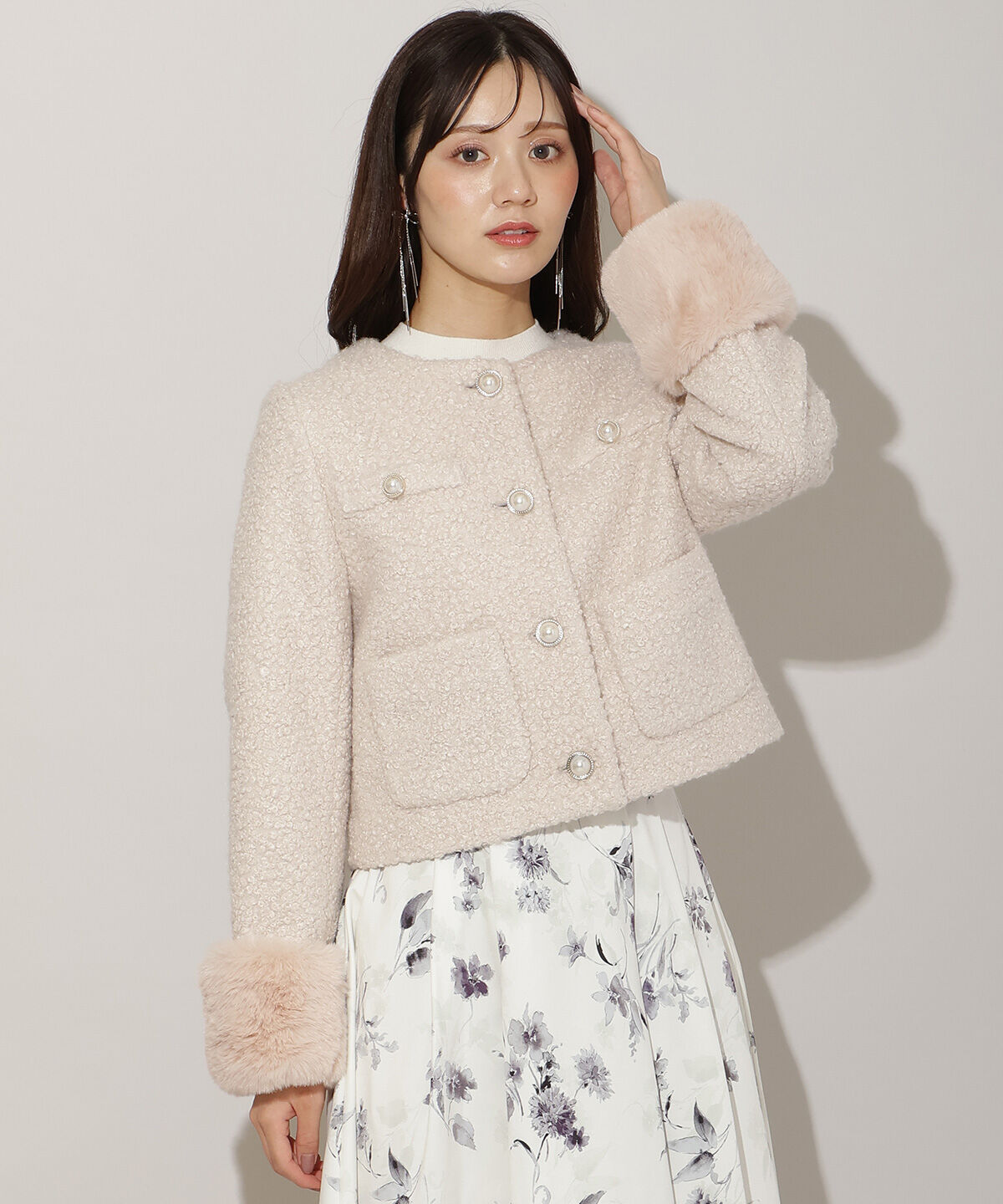 WILLSELECTION「ノーカラーブークレショートコート」|ノーカラーコート|ピンク