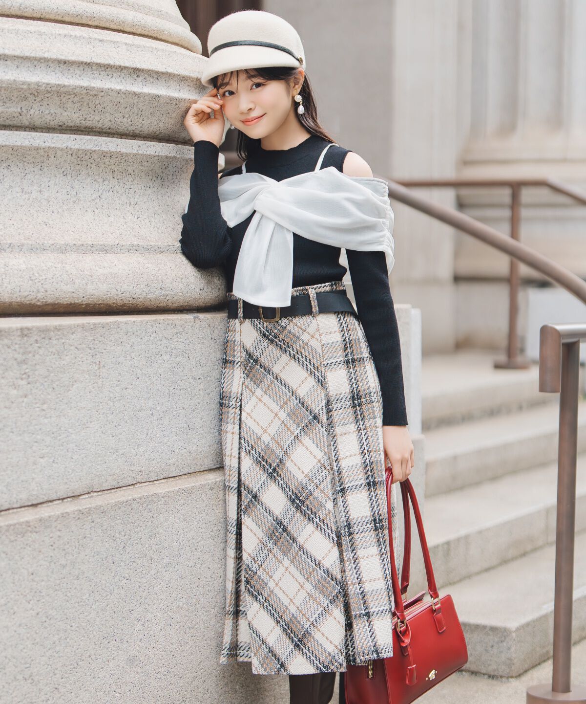 WILLSELECTION「ベルト付きツイードミディ丈スカート」|フレア|