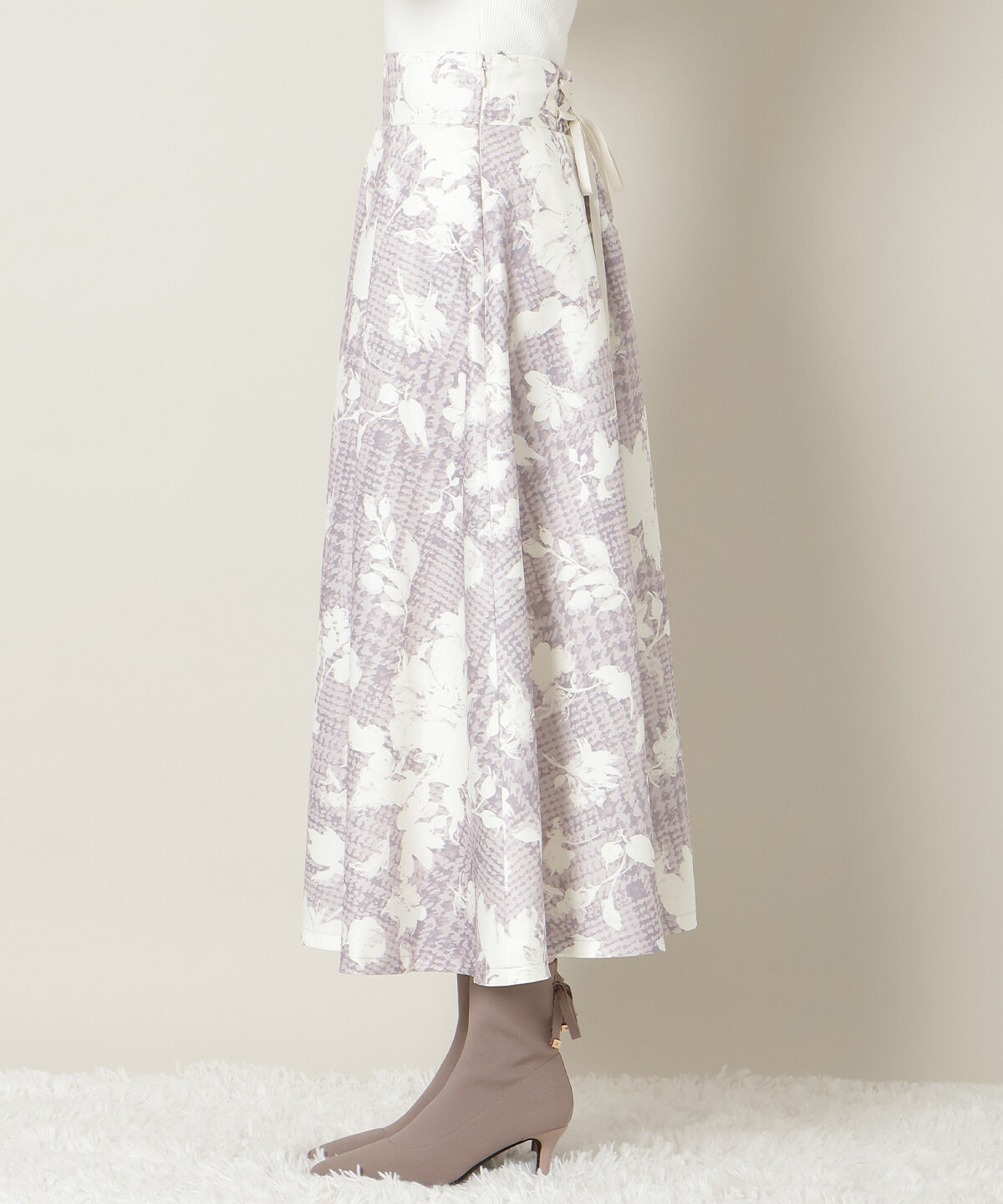 WILLSELECTION「千鳥フラワープリントボリュームタックスカート」|フレア|