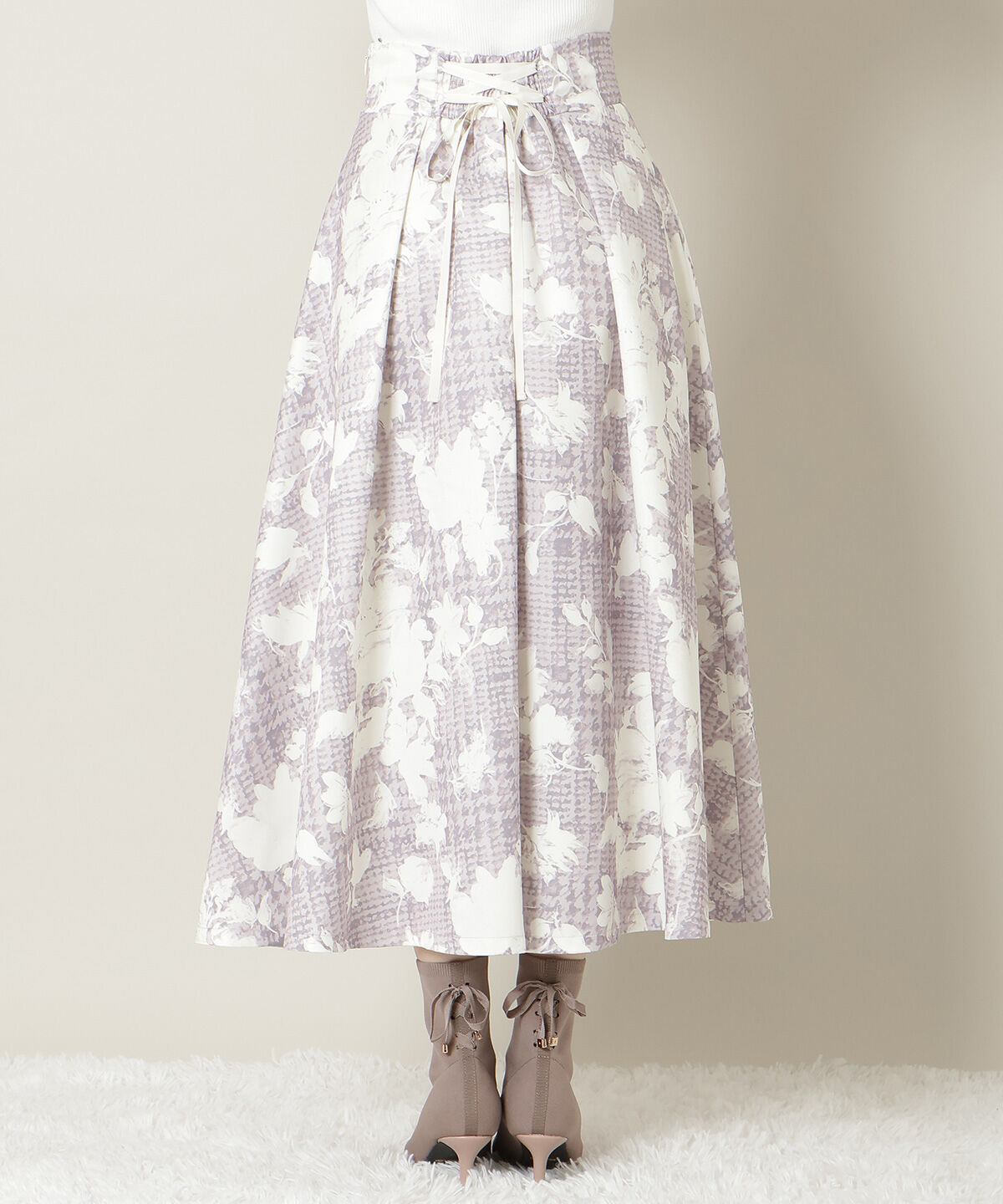 WILLSELECTION「千鳥フラワープリントボリュームタックスカート」|フレア|