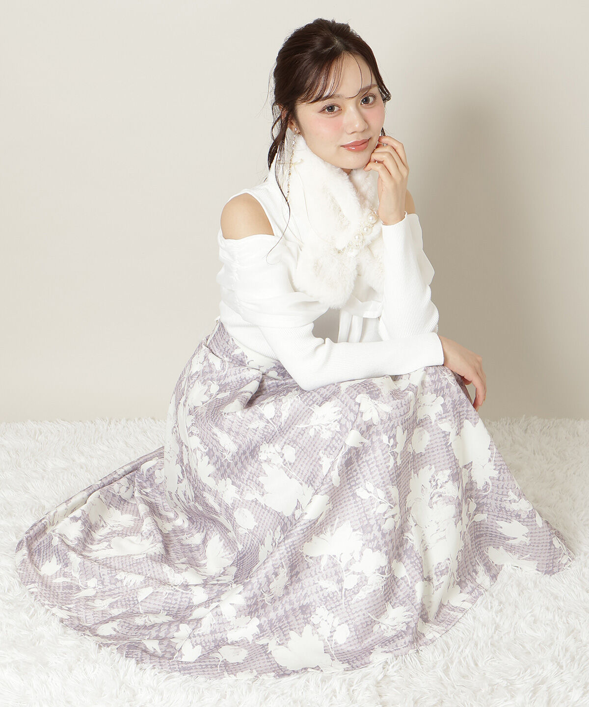 WILLSELECTION「千鳥フラワープリントボリュームタックスカート」|フレア|