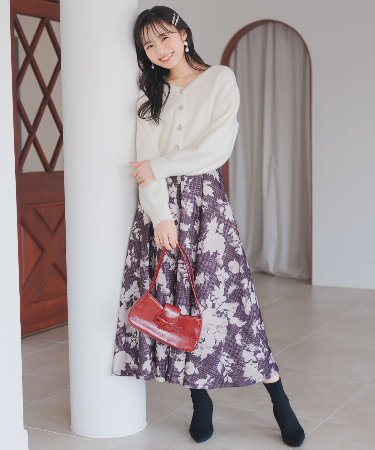 WILLSELECTION「千鳥フラワープリントボリュームタックスカート」|フレア|