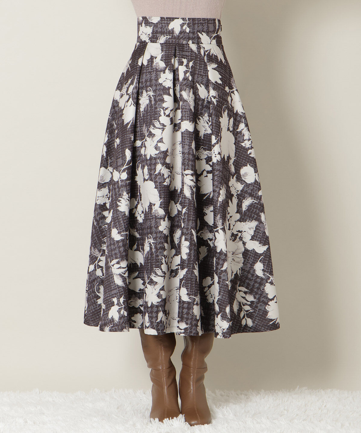 WILLSELECTION「千鳥フラワープリントボリュームタックスカート」|フレア|