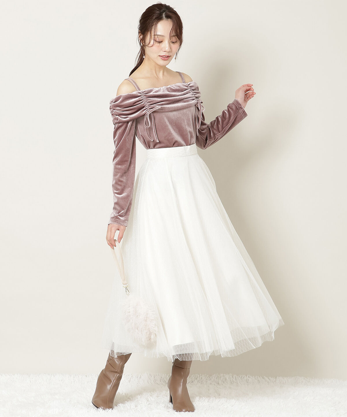 WILLSELECTION「ギャザーオフショルベロアトップス」|ニット・セーター|