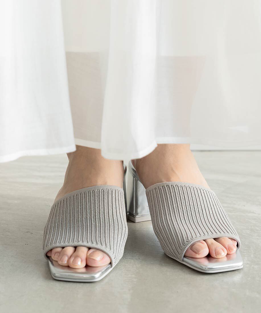  「【SUSTAINABLE】アシンメトリーニットミュールサンダル」|パンプス|