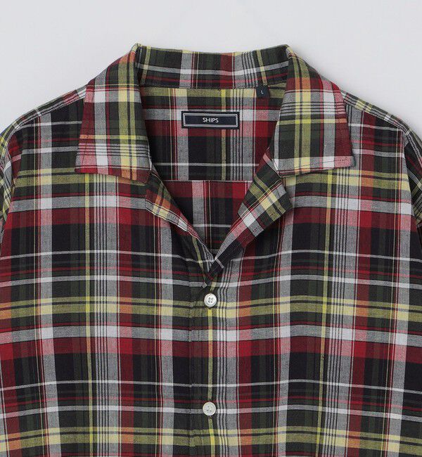 SHIPS「SHIPS: オープンカラー コットン リネン マドラスチェック プルオーバー シャツ オリーブ」|シャツ・ブラウス|