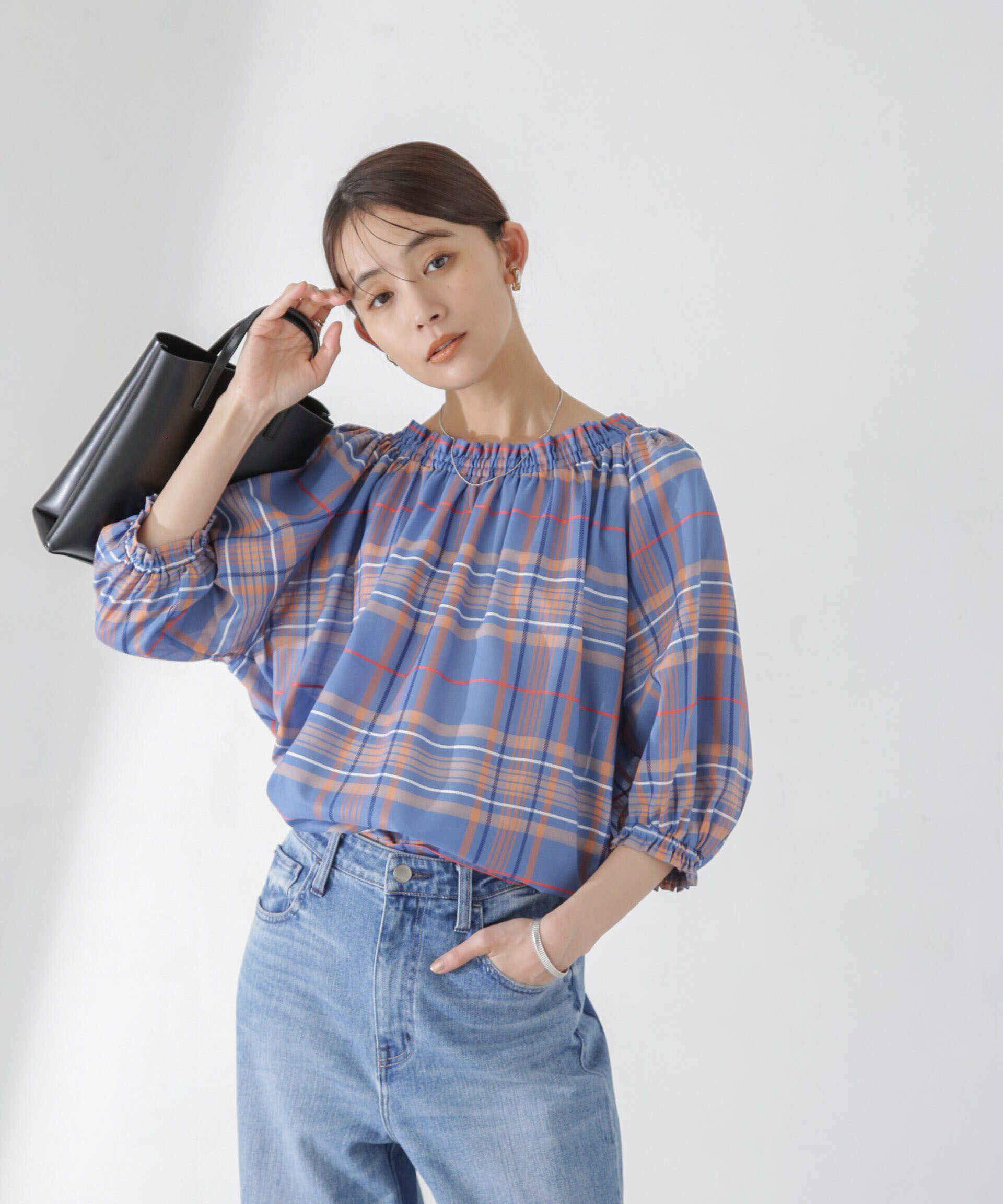 nano･universe「シアーチェックギャザー2wayブラウス」|シャツ・ブラウス|ブルー