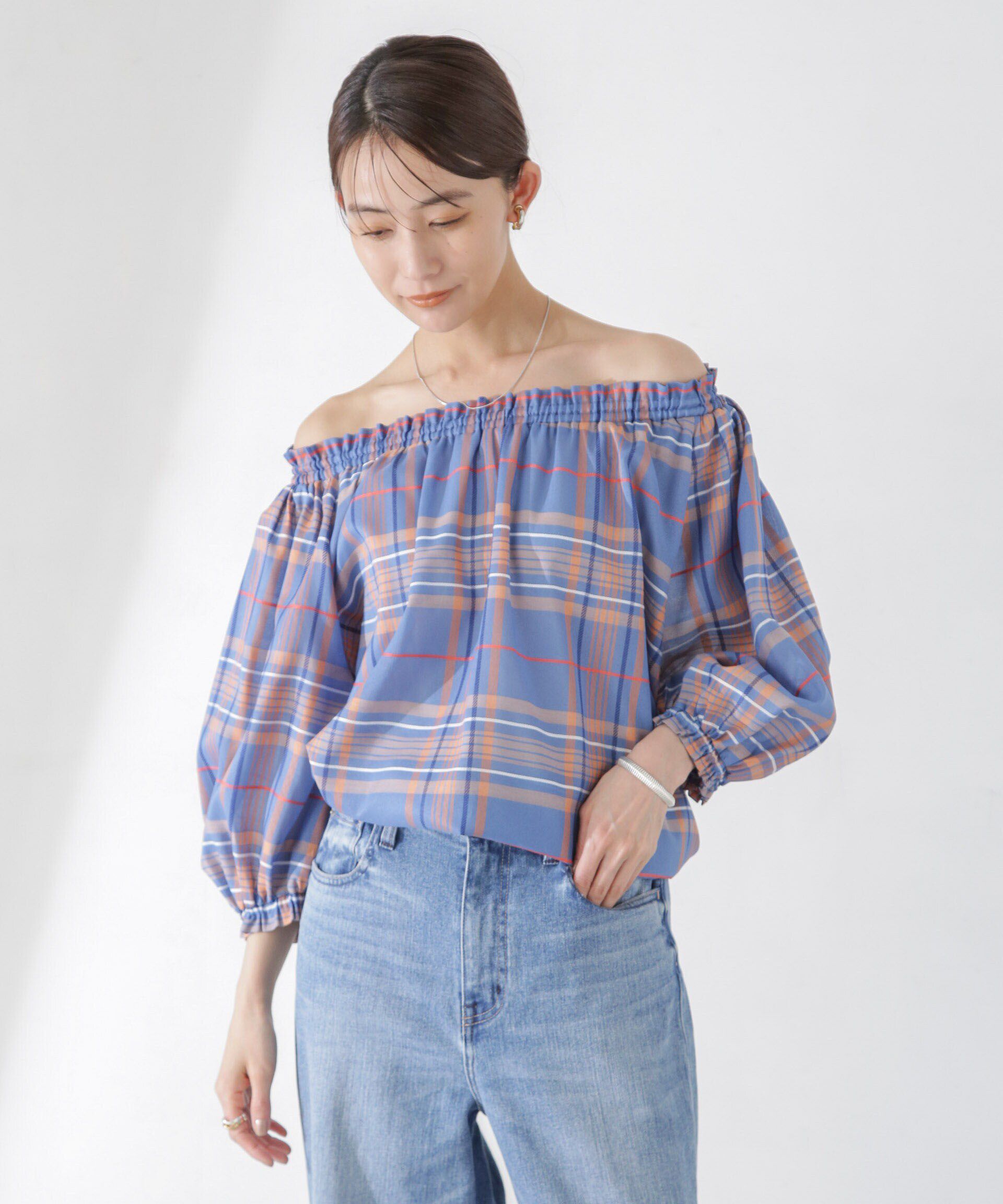 nano･universe「シアーチェックギャザー2wayブラウス」|シャツ・ブラウス|