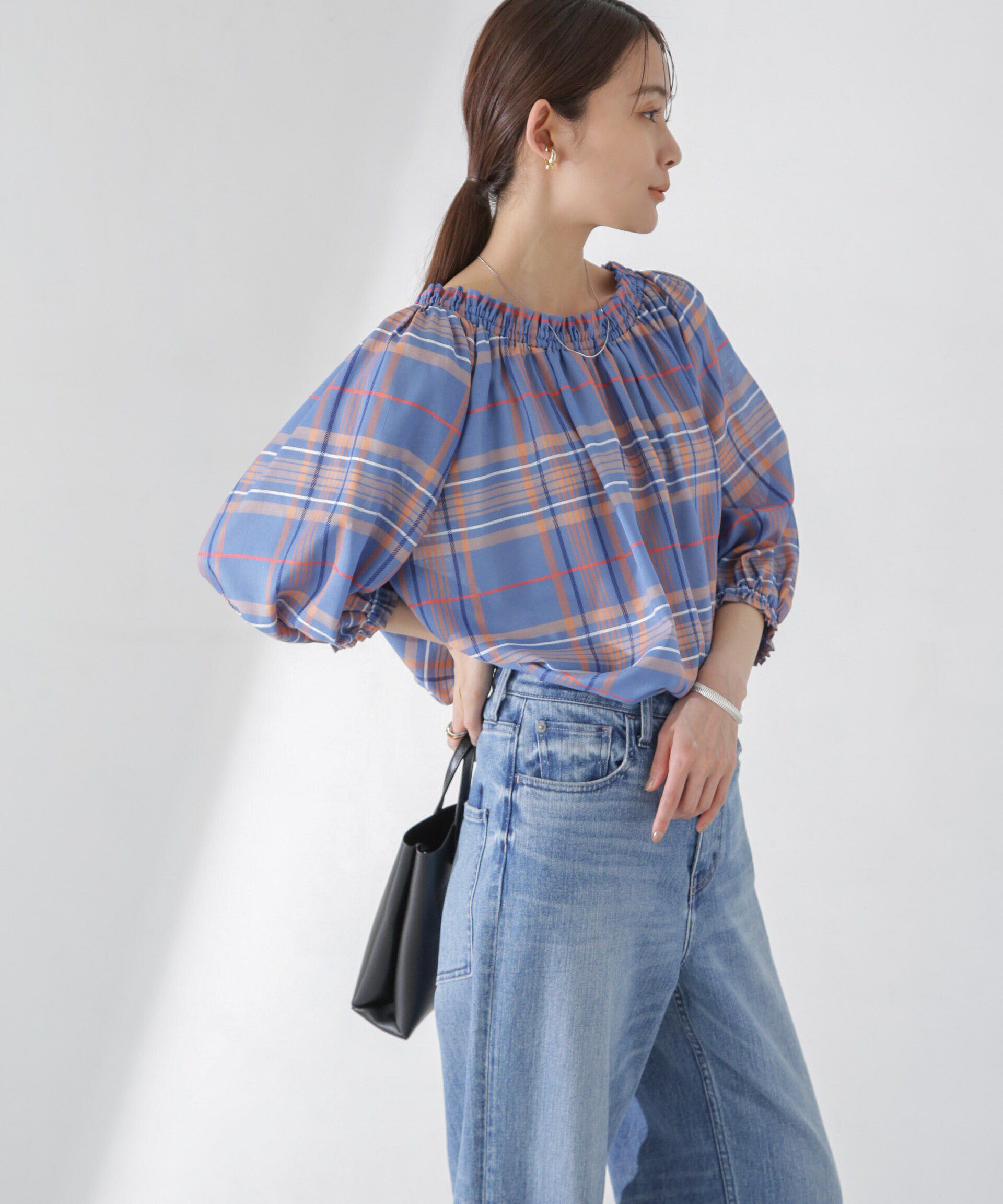 nano･universe「シアーチェックギャザー2wayブラウス」|シャツ・ブラウス|