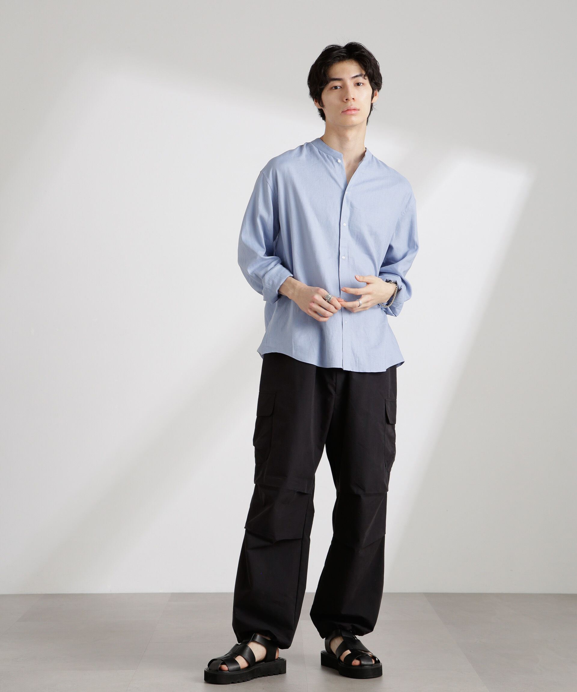 nano･universe「アンチスメルリネン バンドカラーシャツ 長袖」|シャツ・ブラウス|