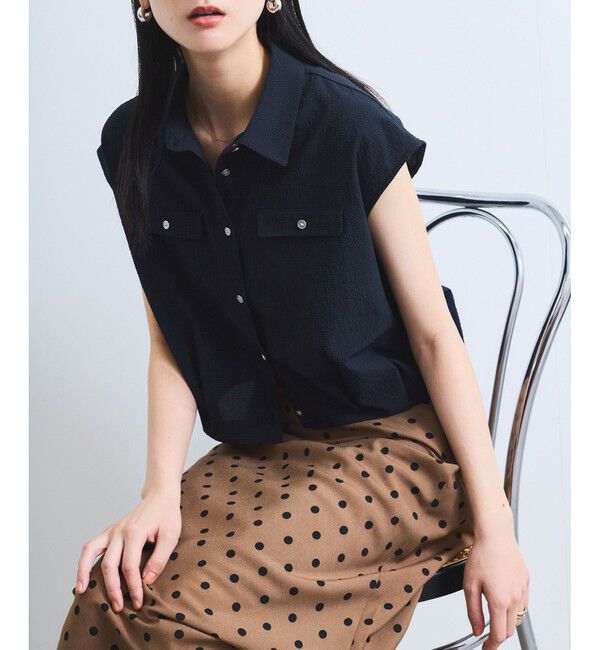 VIS「【UVケア/洗える】フレンチスリーブサッカーブラウス」|シャツ・ブラウス|ネイビー系(41)