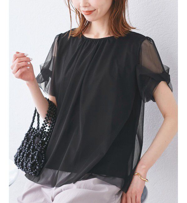 Rope&rsquo;Picnic「Cutee チュールドッキングツイストスリーブトップス/リンクコーデ」|Tシャツ・カットソー|ブラック(01)