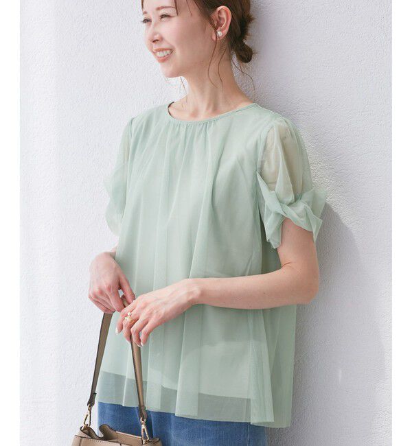 Rope&rsquo;Picnic「Cutee チュールドッキングツイストスリーブトップス/リンクコーデ」|Tシャツ・カットソー|ライトグリン(33)