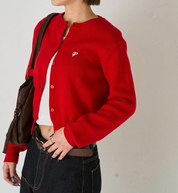  「ワンポイントクルーカーデ」|カーディガン|レッド