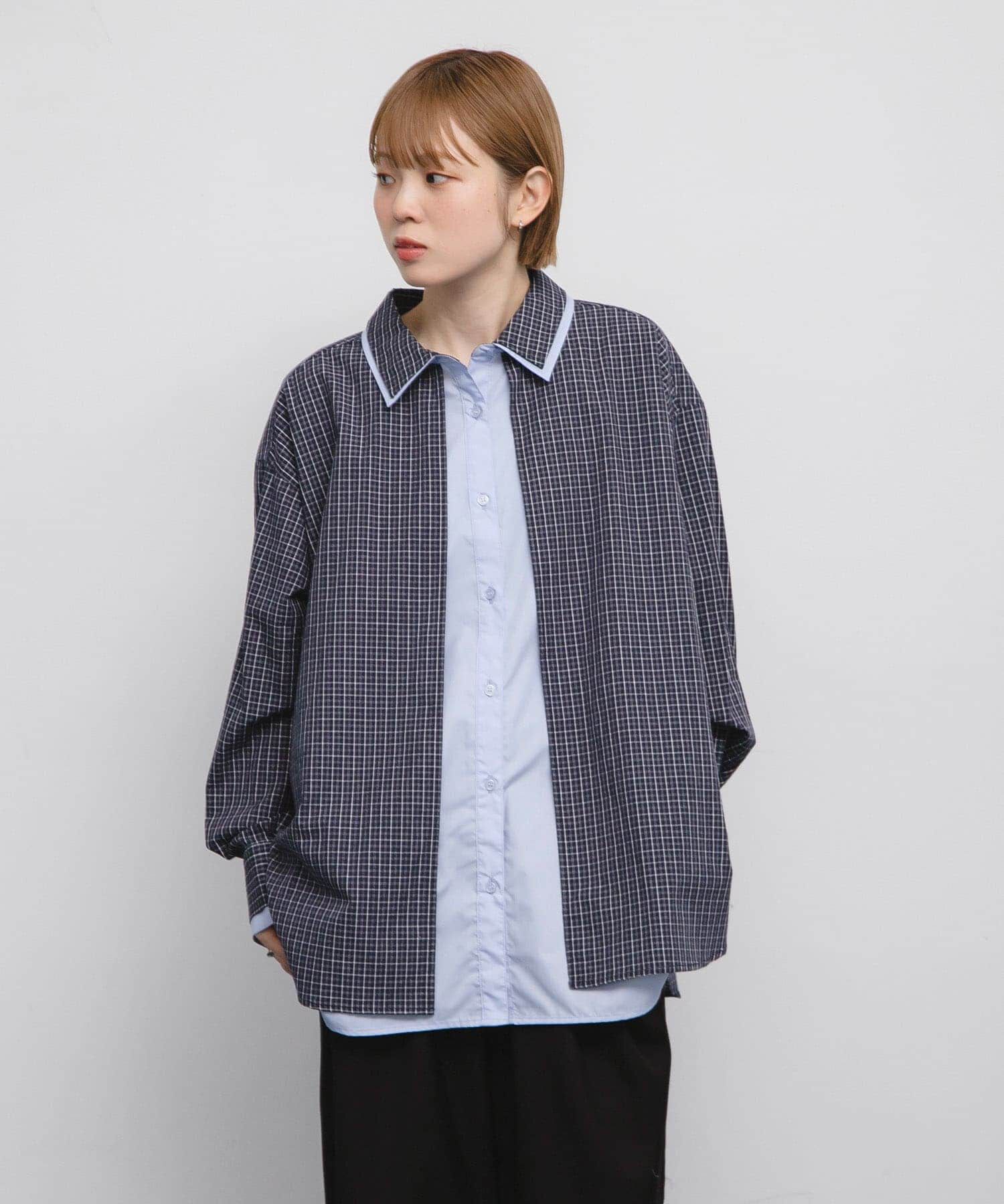  「チェックレイヤードBIGシャツ」|シャツ・ブラウス|ブルー系その他