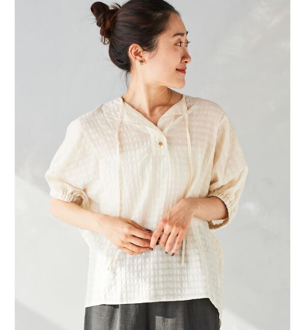 le.coeur blanc「《手洗い可能》シャドーチェックスリーブデザインブラウス」|シャツ・ブラウス|