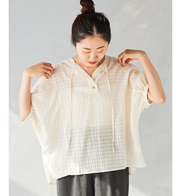 le.coeur blanc「《手洗い可能》シャドーチェックスリーブデザインブラウス」|シャツ・ブラウス|